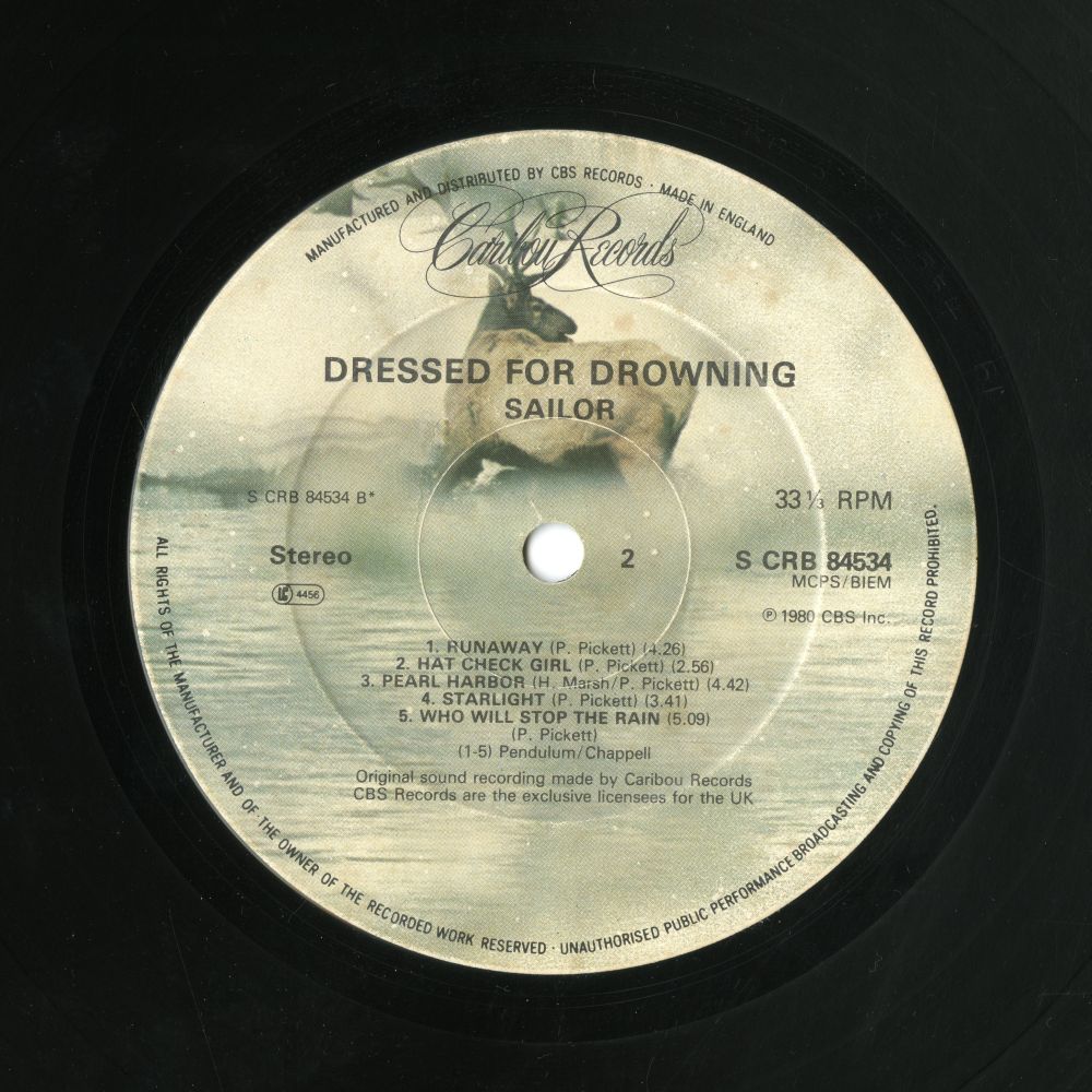SAILOR『DRESSED FOR DROWNING』（1980年、Calibou Records）ラベル02